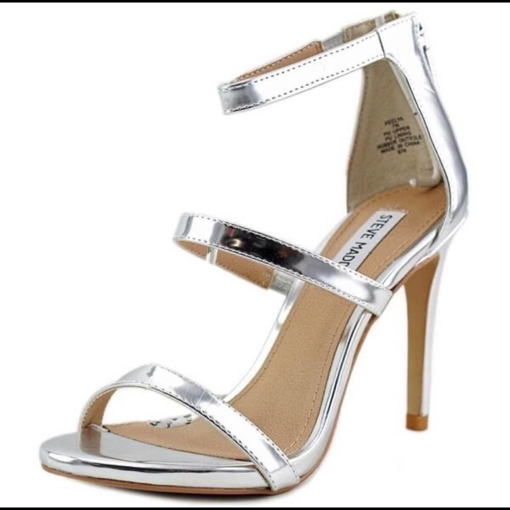 Steve Madden Feelya Open Toe Metallic Holographic Strappy Heels Silver 9